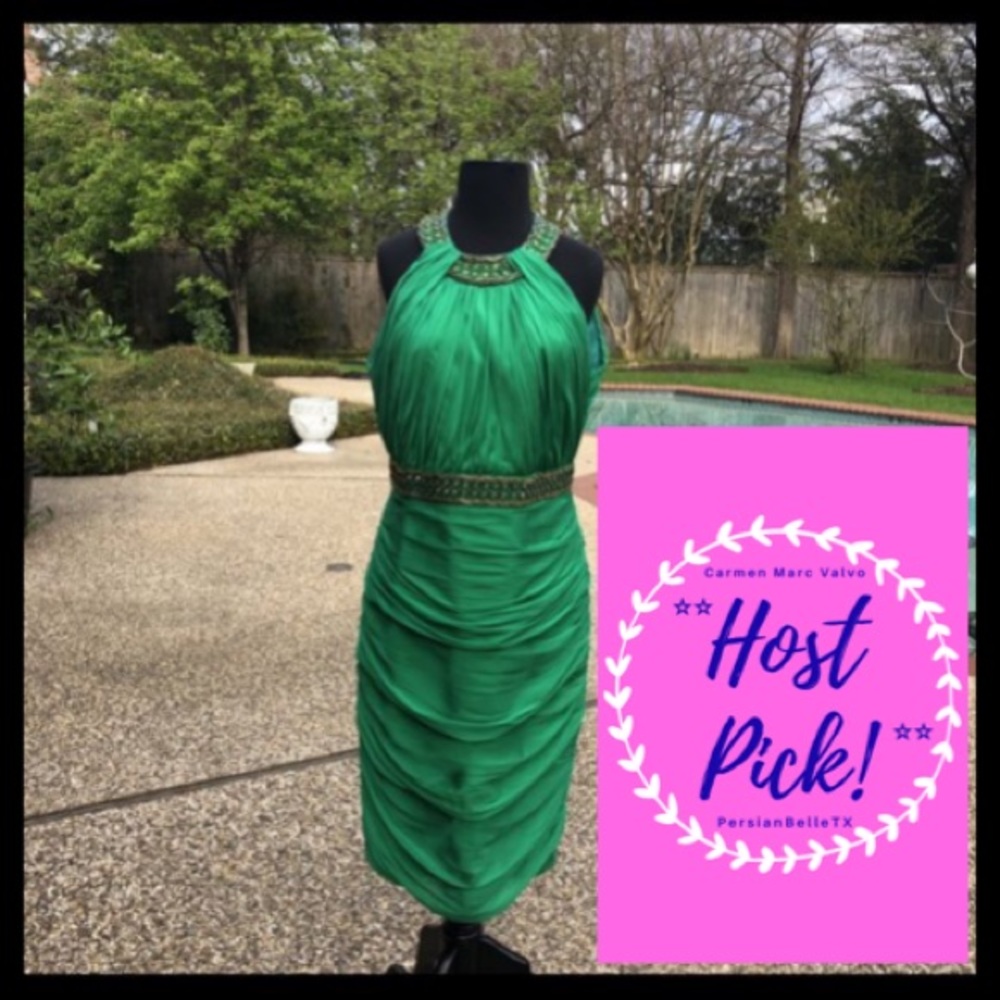 Carmen Marc Valvo Emerald Green Silk Sheath Dress